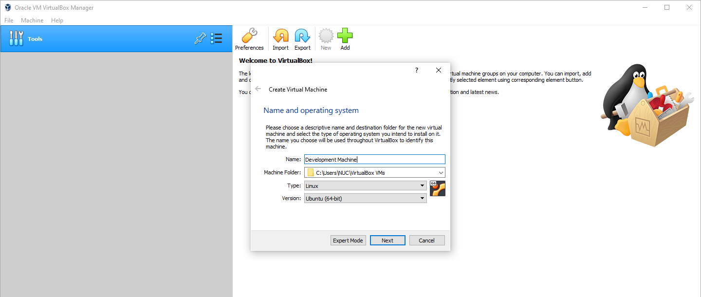 create a virtual machine virtualbox: select name and type