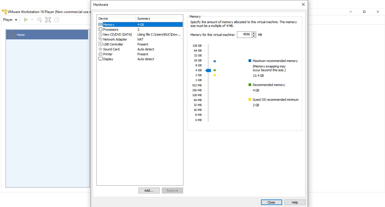 vmware set hardware requirements