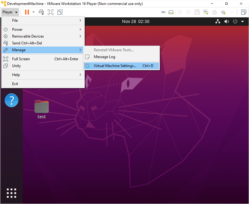 open virtual machine settings