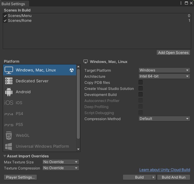 unity project build settings