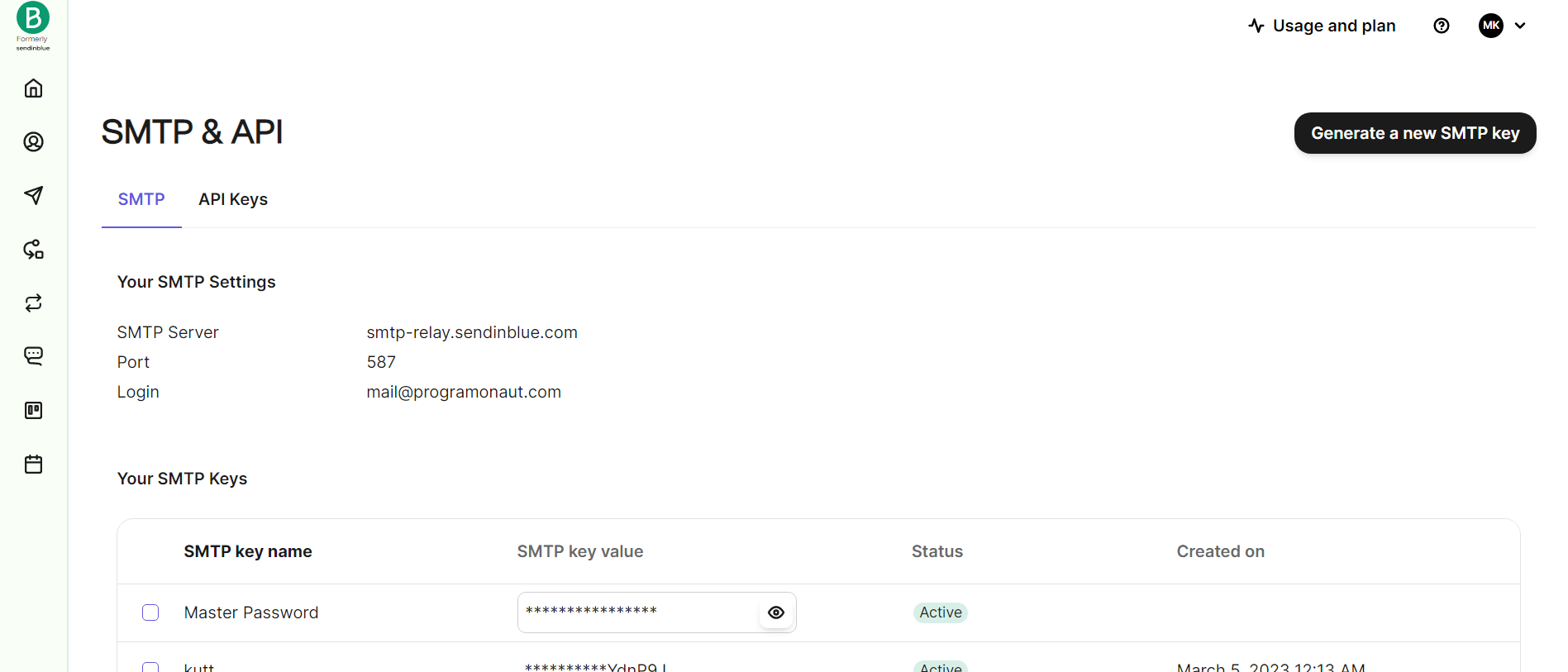 set up brevo ( sendinblue) smtp for pocketbase: generate smtp key