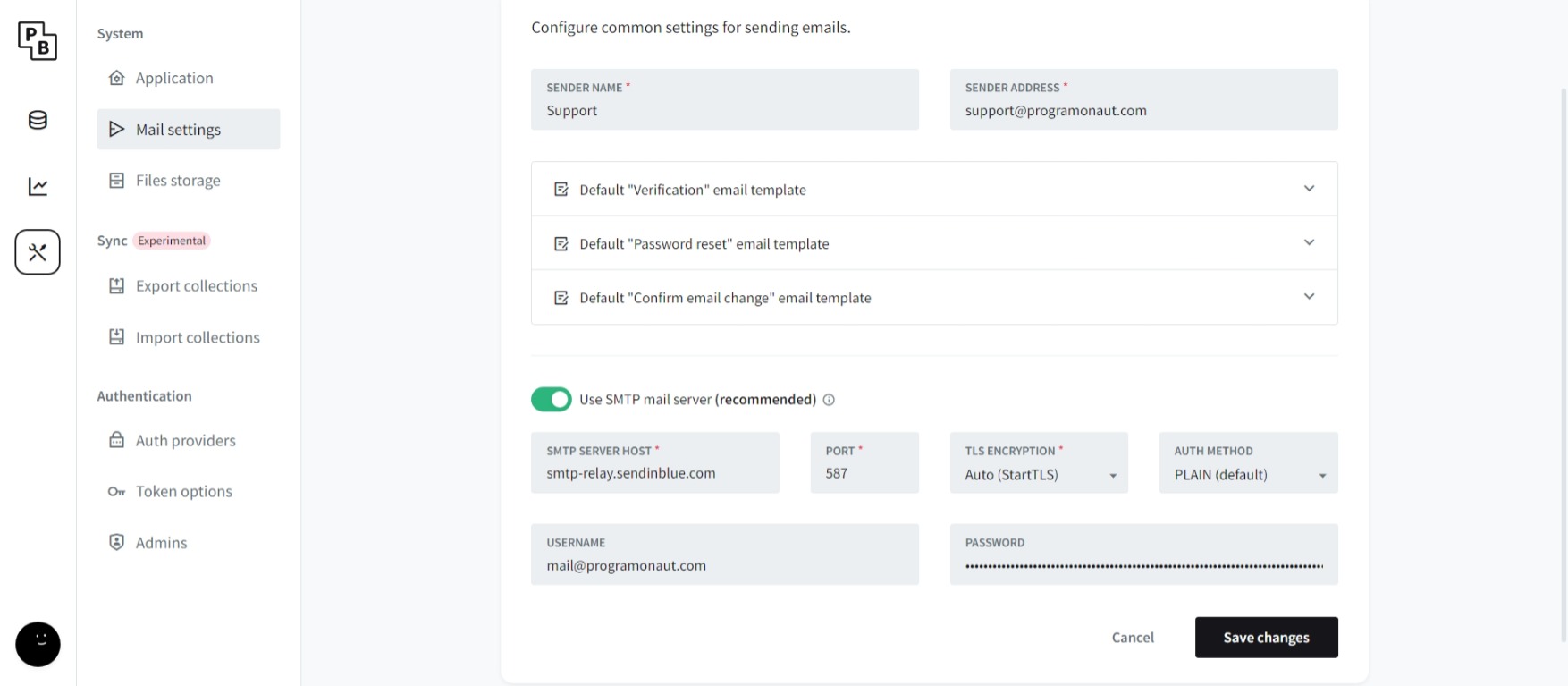 set up sendinblue smtp for pocketbase: sendinblue smtp details in pocketbase