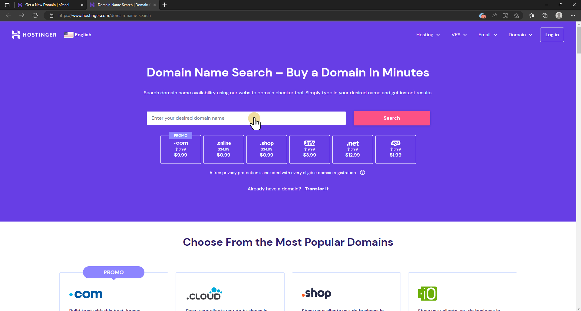 go to hostinger domain search
