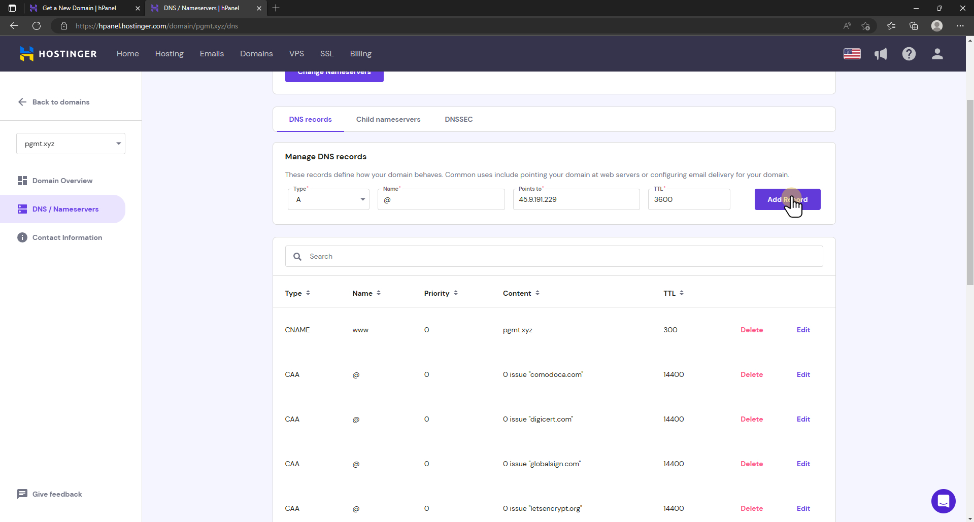 set up domain for application: add the record