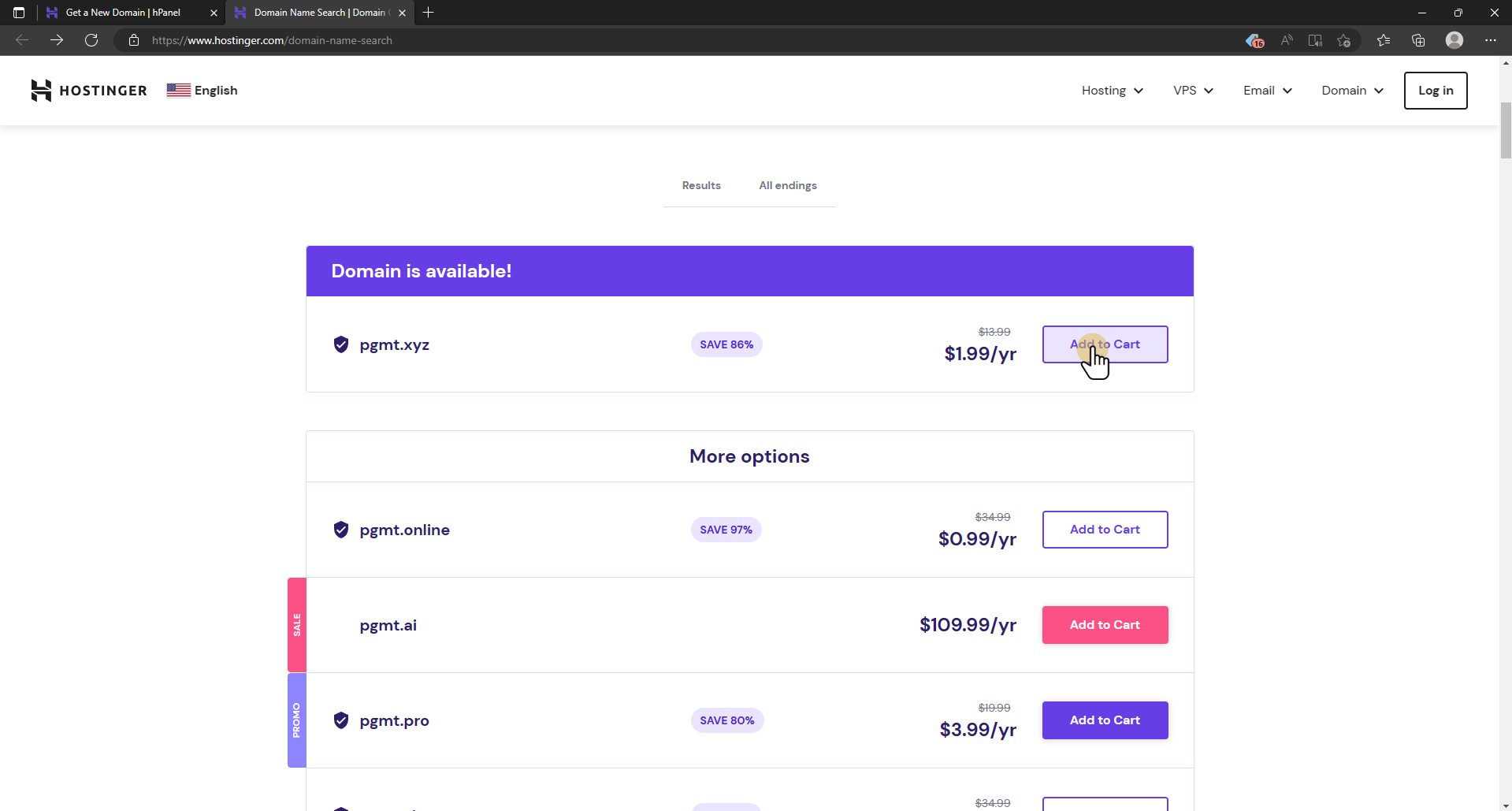 add domain to cart