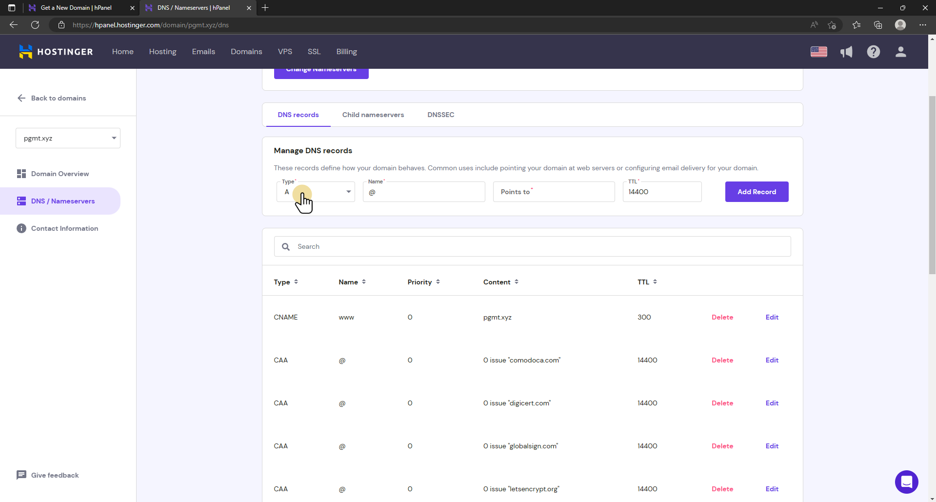 set up domain for application: choose a record as type